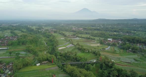suspension bridge crossing the valley with waterfall surrounded by dense of trees and vegetable plan alt