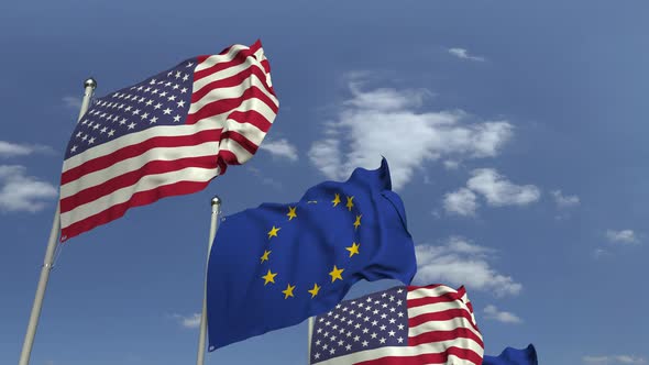 Waving Flags of the EU and the USA on Sky Background, Loopable 3D Animation alt
