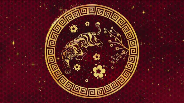 Happy Chinese New Year 2022 Zodiac Sign Tiger on Red Background with Gold Stars alt