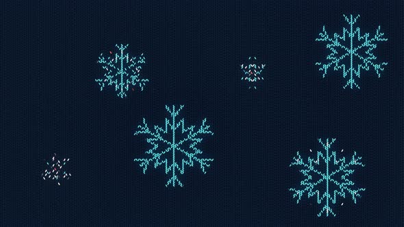 White and blue snowflakes appear in a dark blue sky