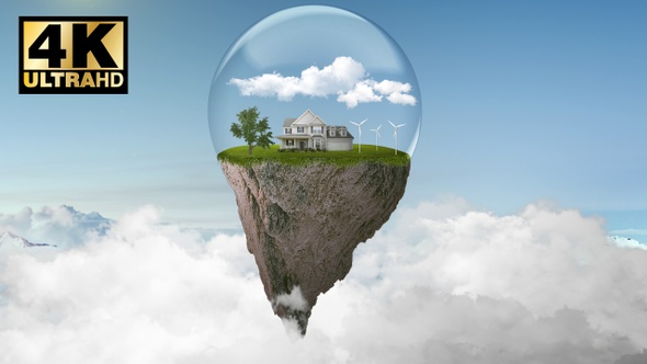 Floating Island Protected By Glass Sphere Above The Clouds
