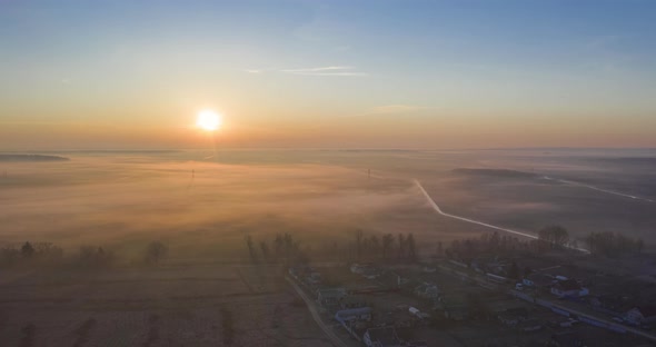 Morning Fog in the Fields in Spring, Hyperlapse From a Height alt