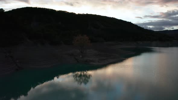 Aerial View of the Embalse De Mediano Reservoir During Sunset. Spain in the Fall