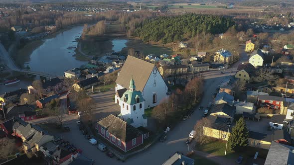 Beautiful Aerial Shot of the Medieval Evangelical Lutheran Church in Porvoo