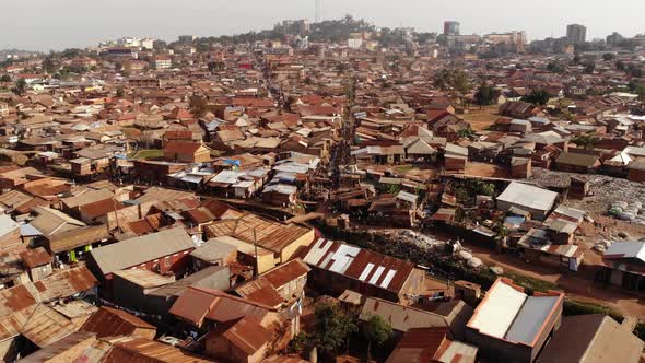 Drone Shot Over the Slums of Uganda Poverty and Poor Onestorey Buildings
