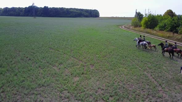 Group Of Horseback Riders. Group of young horseback riders riding in countryside alt