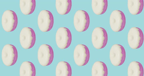 Minimal motion 3d art. Pink and white glazed donuts vertical animation 