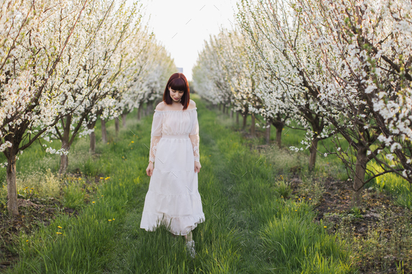 Gorgeous woman in white dress walking at blooming orchard