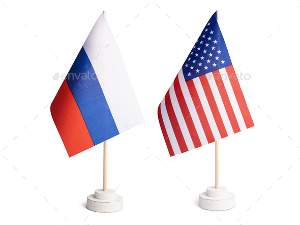 USA and Russia table flag side by side