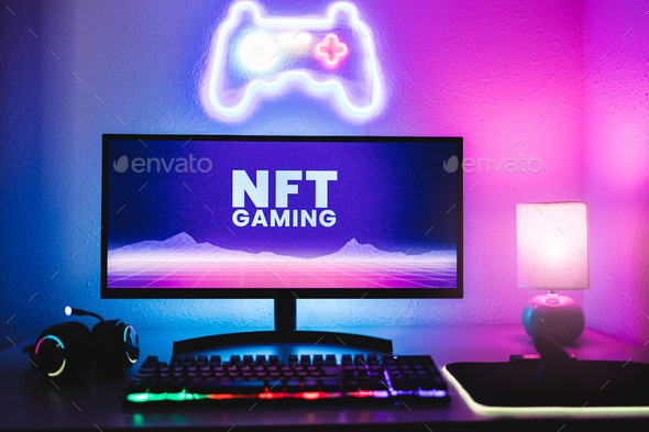 Metaverse and Blockchain Tech Concept - Gaming room displaying NFT marketplace on computer screen
