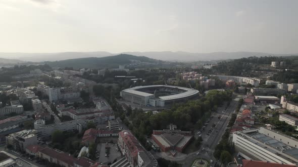 Aerial over Guimaraes city showing the D. Afonso Henriques football stadium