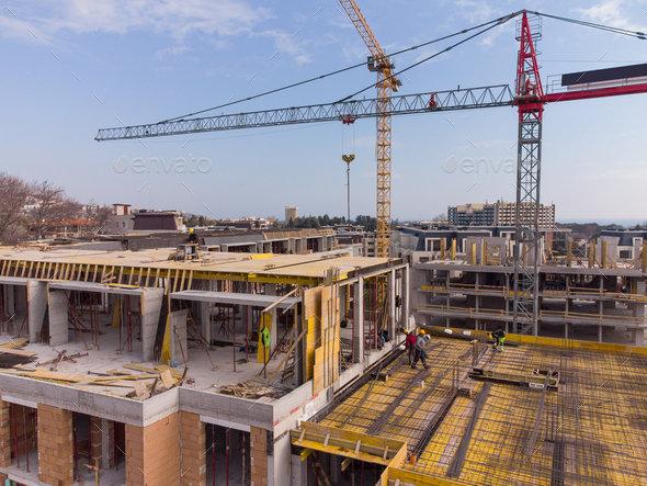 Busy Construction Site and Construction Equipment Aerial top view Stock ...