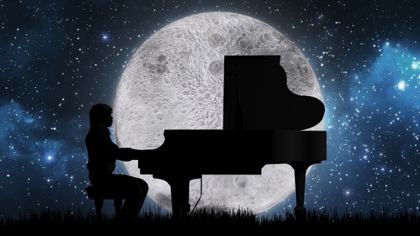 Pianist Playing Piano On Grassland During Full Moon