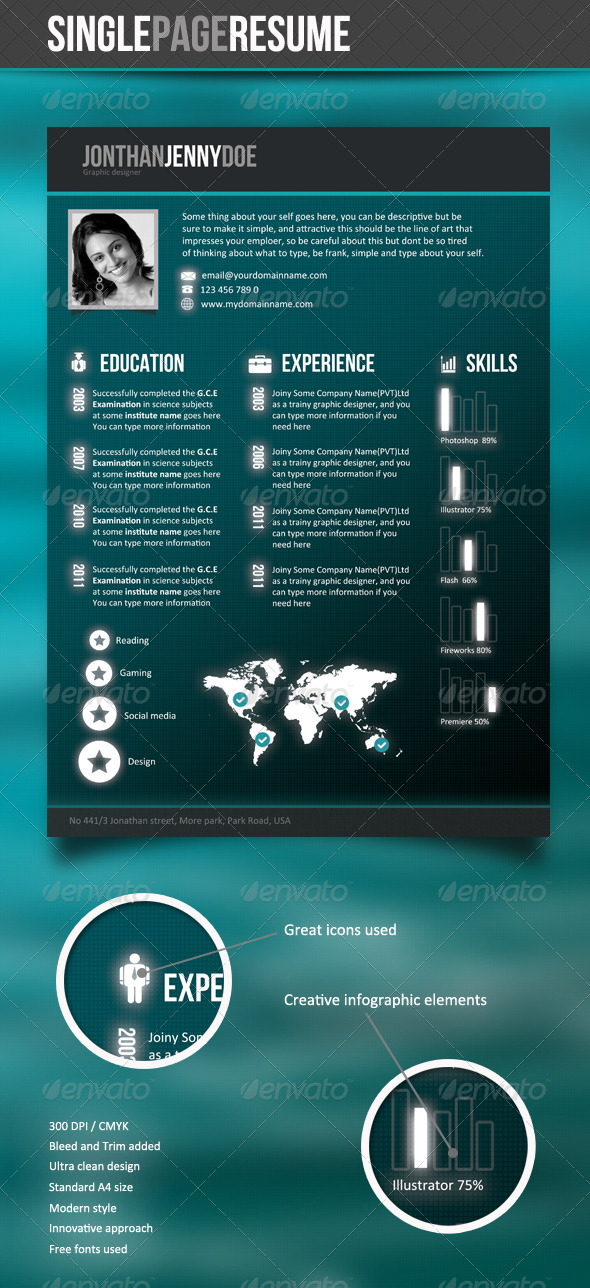 Futuristic Style Single Page CV - Resumes Stationery