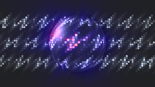 Abstract animated pixel background with a spinning purple glow disco ball alt