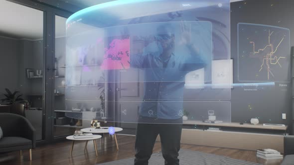 Man Using Virtual Interface with World Map in Meta Universe Cyberspace alt