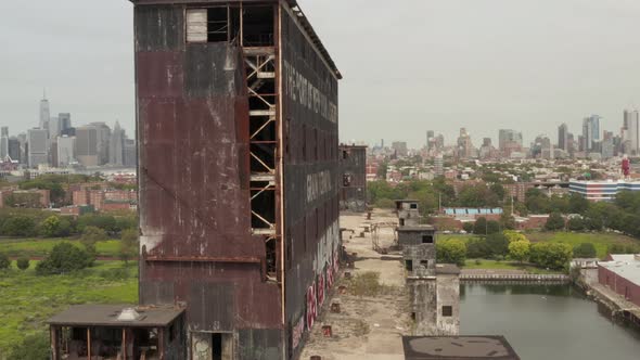 Close Up Aerial View of the Letters on the Red Hook Grain Terminal Building in New York City Port alt