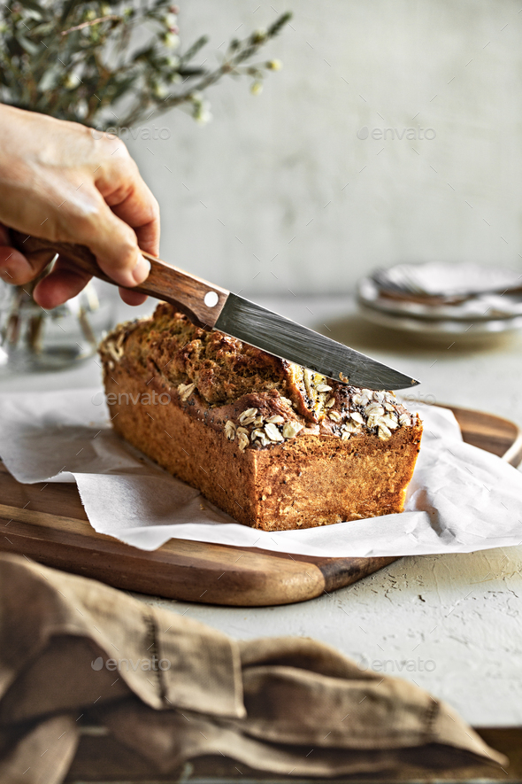 Banana cake with Oat and Chia topping - Stock Photo - Images