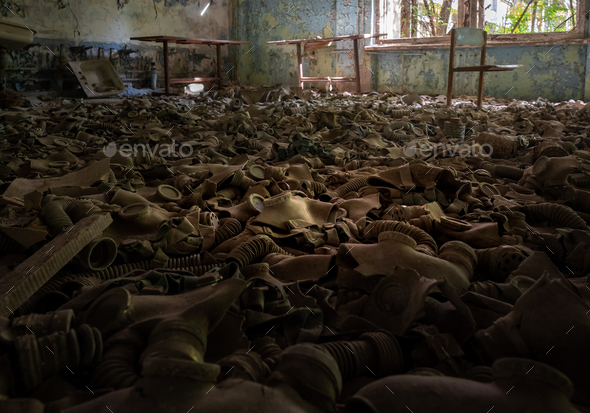 Gas Masks on the floor of the School of District 3 - Pripyat, Chernobyl Exclusion Zone, Ukraine