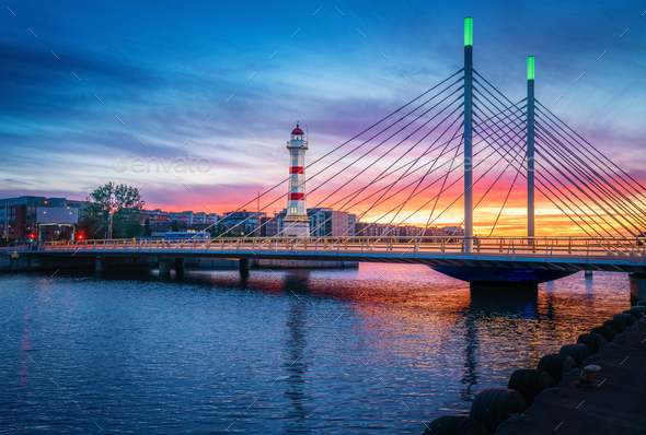 Malmo Old Lighthouse and University Bridge at sunset - Malmo, Sweden