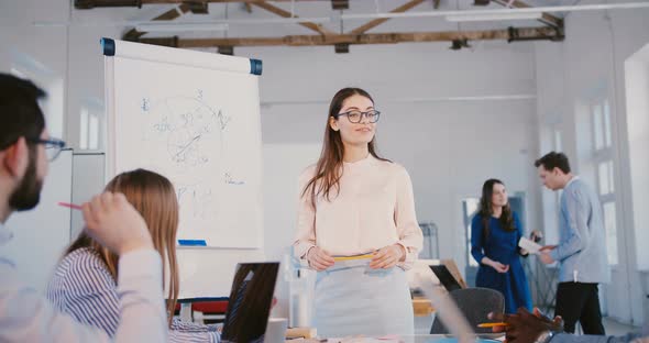 Young Professional Brunette Business Woman in Glasses Presenting Project To Creative Mixed Race Team alt