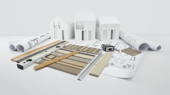 marble samples and tiles with measuring and drawing tools on blueprint with model house, interior de