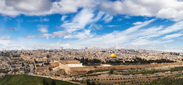 Panoramic aerial view of the Old City, Tomb of the Prophets and Dome of the Rock