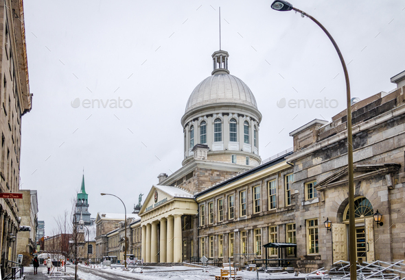 Old Montreal with snow and Bonsecours Market - Montreal, Quebec, Canada - Stock Photo - Images