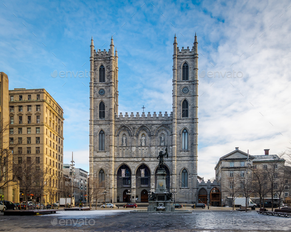 Basilica of Notre-Dame of Montreal and Place d'Armes - Montreal, Quebec, Canada - Stock Photo - Images