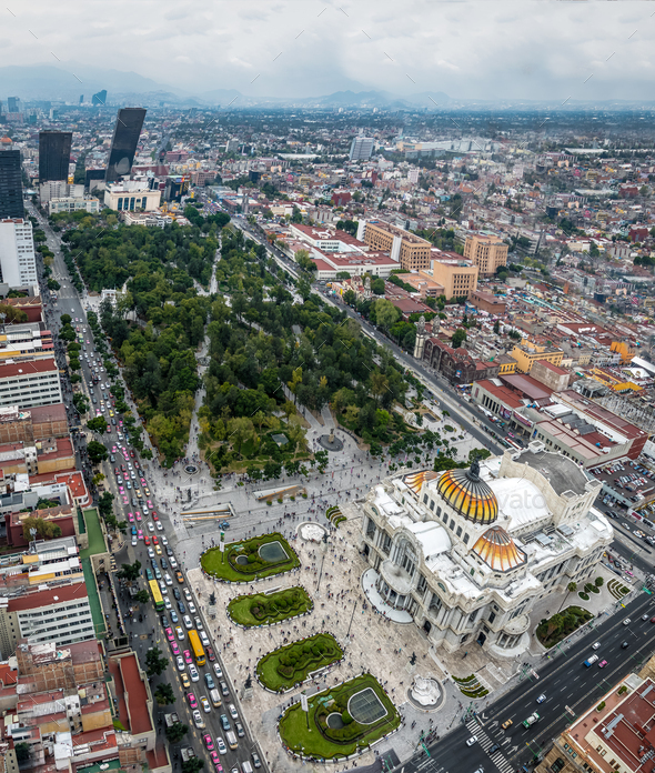 Aerial view of Mexico City and The Palace of Fine Arts - Mexico City, Mexico - Stock Photo - Images