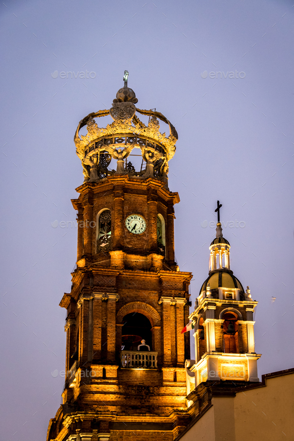 Tower of Our Lady of Guadalupe church at night - Puerto Vallarta, Jalisco, Mexico - Stock Photo - Images