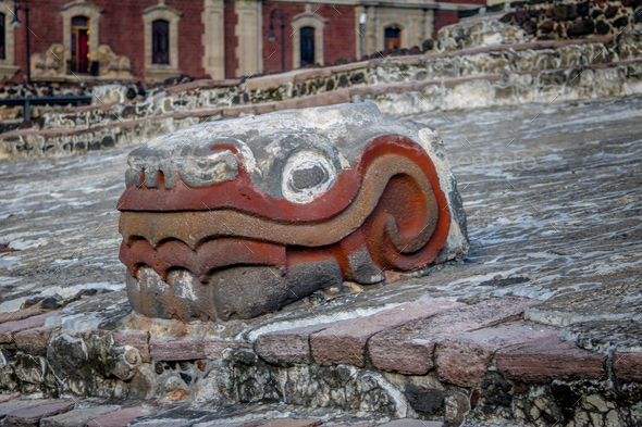 Serpent Sculpture Head in Aztec Temple (Templo Mayor) at ruins of Tenochtitlan - Mexico City, Mexico