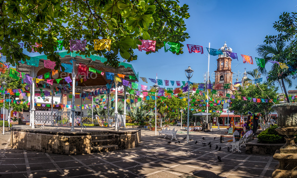 Main square and Our Lady of Guadalupe church - Puerto Vallarta, Jalisco, Mexico - Stock Photo - Images