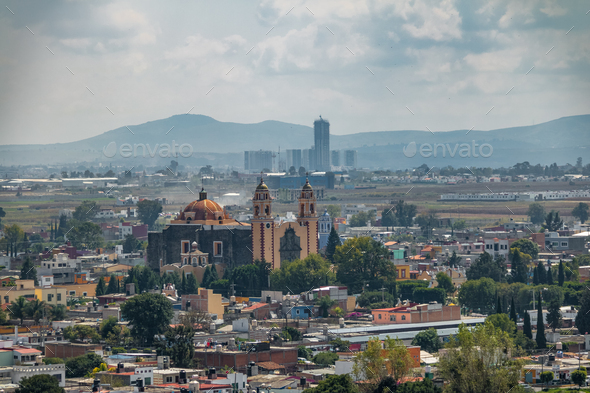 Aerial view of Parroquia de San Andres Apostol - Cholula, Puebla, Mexico - Stock Photo - Images