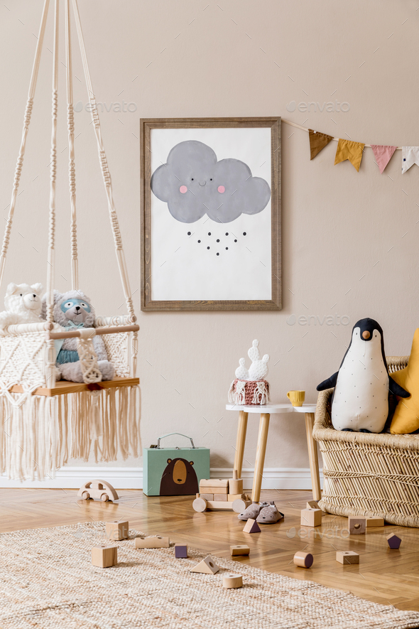 Stylish Scandinavian Kid Room Mock Poster Stock Photo 2007172088