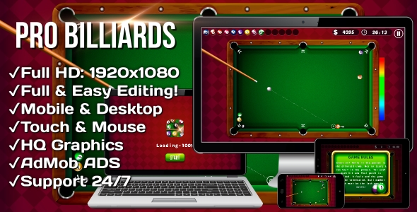 Pro Billiards - HTML5 Game + Mobile Version! (Construct 3 | .c3p)