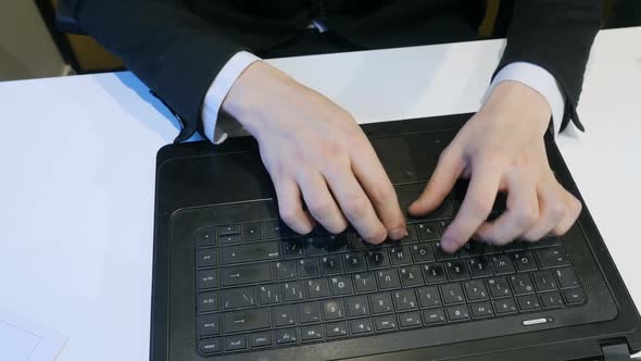 Top View, Male Hands Typing On Keyboard, Businessman Working On Laptop. 