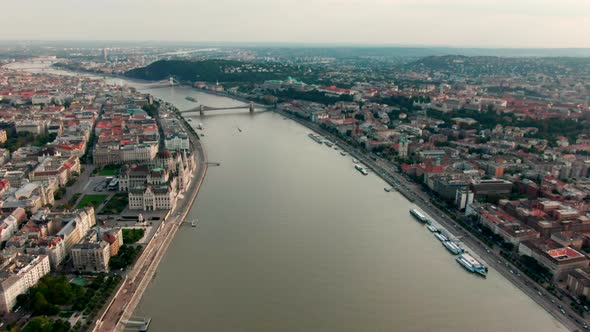 Aerial View of Budapest Skyline  Parliament and Danube River Hungary EU