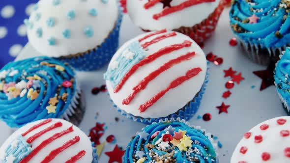Close-up of cupcakes decorated with 4th july theme alt
