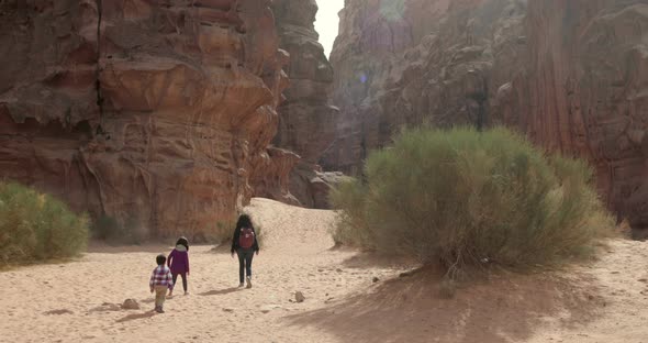 Rear view of family walking in Wadi Rum Desert, Jordan