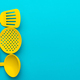 Yellow Ladle, Whisk, Skimmer, Spatulas Over Turquoise Blue Table with Copy Space - PhotoDune Item for Sale