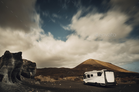 Travel and adventure with scenic destination with camper van motor home. Scenery camp site