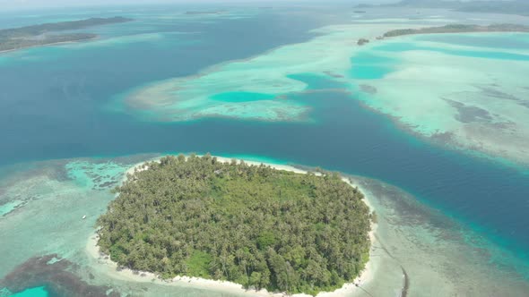 Aerial: flying over tropical island white beach caribbean sea turquoise water co alt