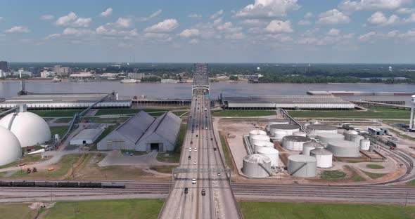 Aerial of cars driving over the Horace Wilkinson Bridge in Baton Rouge, Louisiana alt