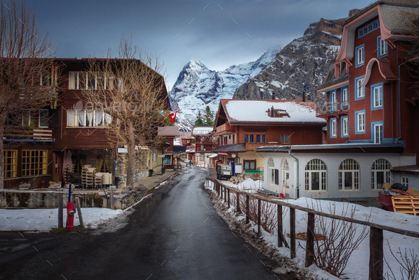 Street and buildings in Murren Village with Eiger Mountain on ...