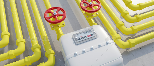 Gas home utility distribution. Consumption meter and yellow pipeline on wall, 3d render