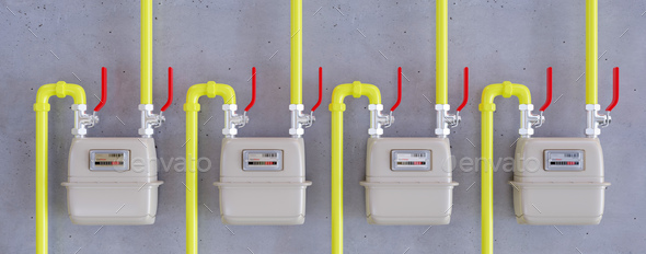 Natural gas meter and yellow pipeline, wall background. Household energy consumption. 3d render