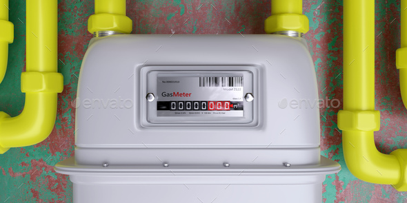 Gas meter close up front view. Natural gas home utility consumption measure, 3d render