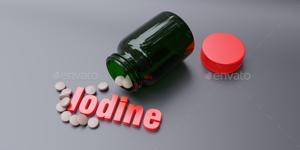 Iodine pill and bottle on grey color. Potassium iodide tablet for nuclear protection. 3d render
