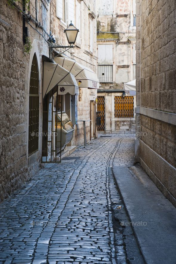 Photo of narrow cobbled streets in Trogir, Dalmatian Coast, Croatia, Europe - Stock Photo - Images